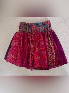 100% Silk Boho Patchwork Smocked Waist MINI Skort - Pink Vintage CYN India